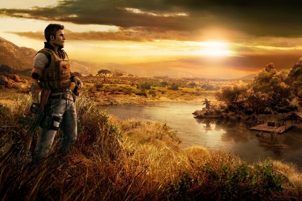 Photo of a warrior in an autumn sunset against the background of a river