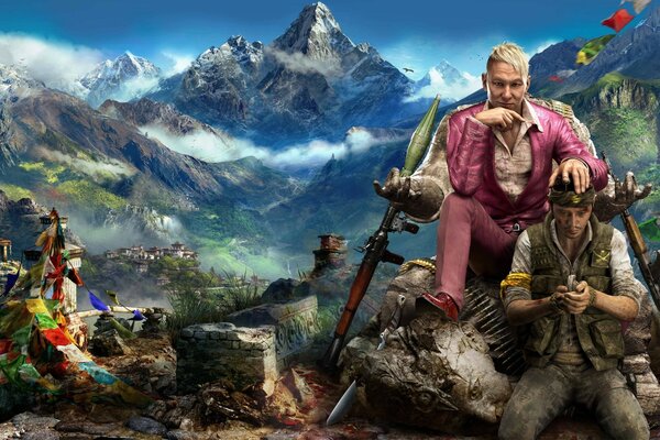 Berge und Menschen im Far Cry-Spiel