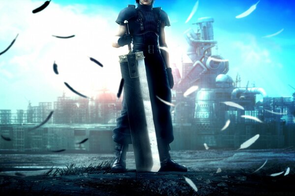 Final fantasy, a hero with a huge sword against the backdrop of a futuristic city in a whirlwind of black feathers