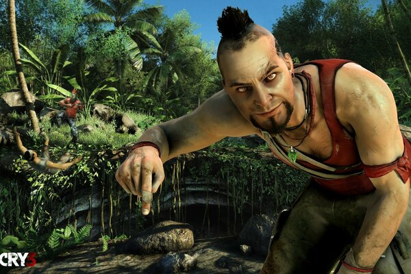 The hero of the game Farcry 4, posing against the background of the jungle