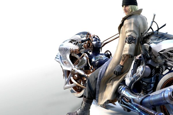 Final fantasy, ein Held auf einem schweren gepanzerten Motorrad