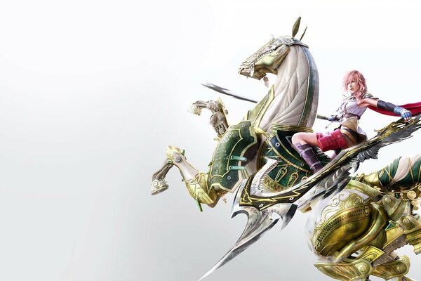 Final fantasy, a heroine in a red cloak riding a white horse in armor with a sword in her hand