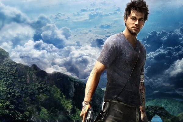 Eroe del gioco Farcry, armato, in piedi sullo sfondo di un paesaggio montano