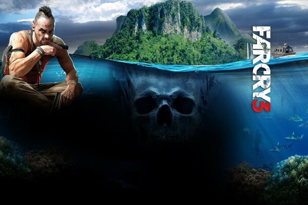 بطل اللعبة فاركري 4 ، يطرح على خلفية بحيرة جبلية. التي تنعكس فيها الجمجمة البشرية