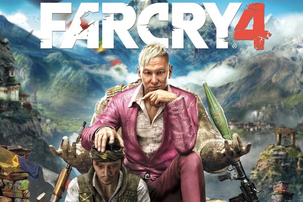 Le héros du jeu Farcry 4 dans un costume rose, avec un serviteur et des armes sur le fond d un paysage de montagne