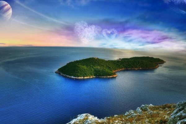 An island in the middle of the water in purple lighting