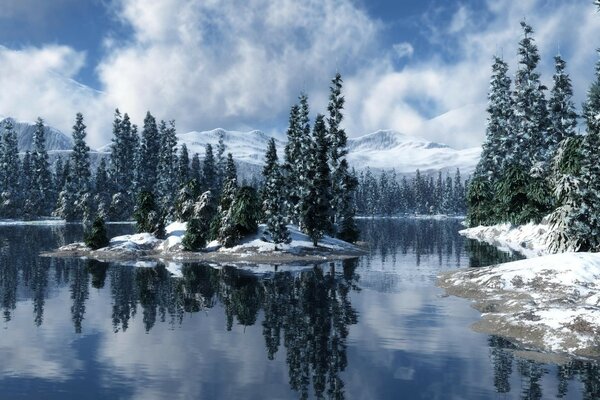 Paisaje de invierno en un hermoso lago