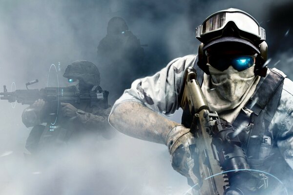 A commando of the Ghost squad in a helmet with a target identifier in battle and smoke