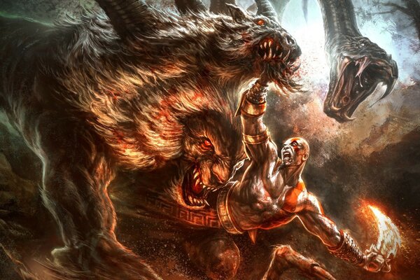 Game art. Kratos fights the gods