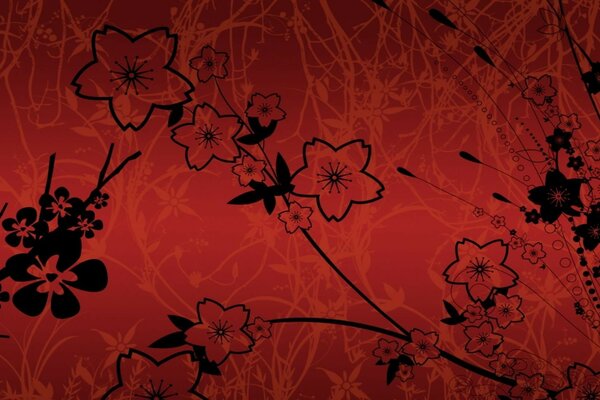 Red wallpaper with graffiti of flowers and petals