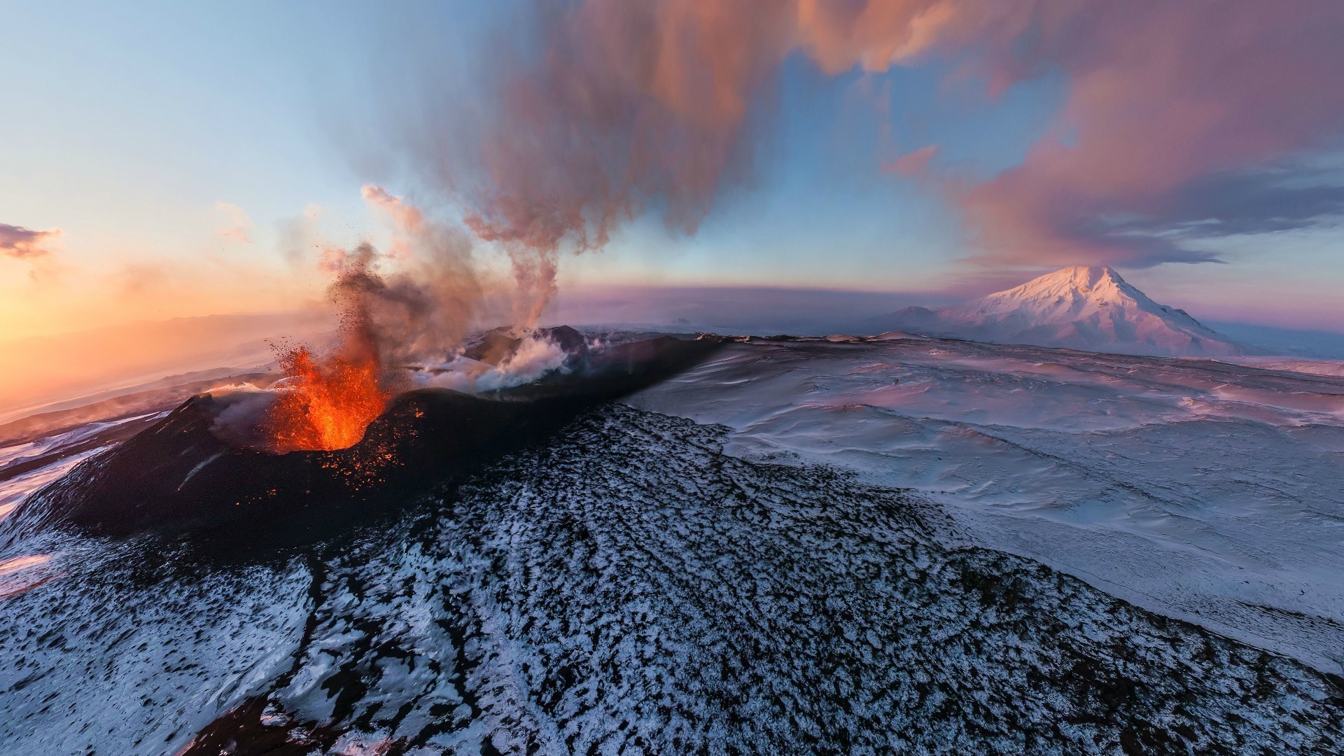 vulcano vulcano eruzione tramonto neve paesaggio acqua alba fumo montagne vapore cratere all aperto viaggi nebbia