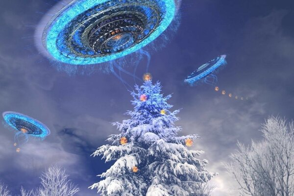 Alien flying saucers on the background of the Christmas tree