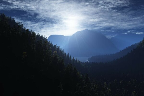 Berglandschaft in den Strahlen der aufgehenden Sonne