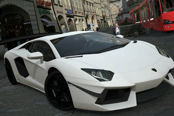 Voiture de sport blanche et bus rouge