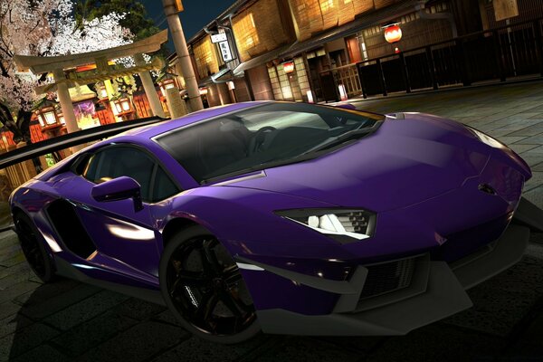 Purple car, sakura, pagoda and Chinese lanterns