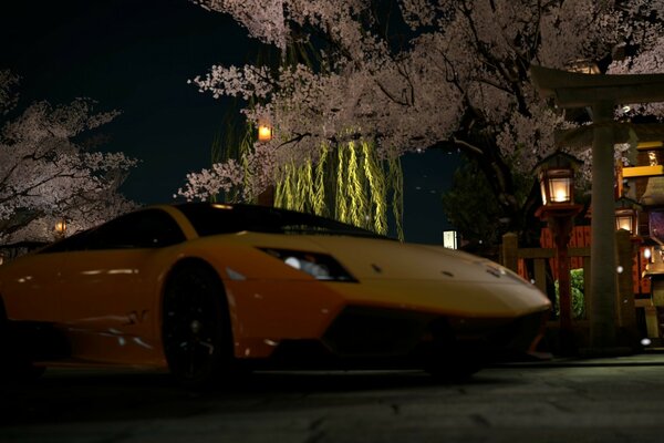 Yellow car on a rosewood background