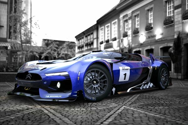 A car on a black background. Blue Race