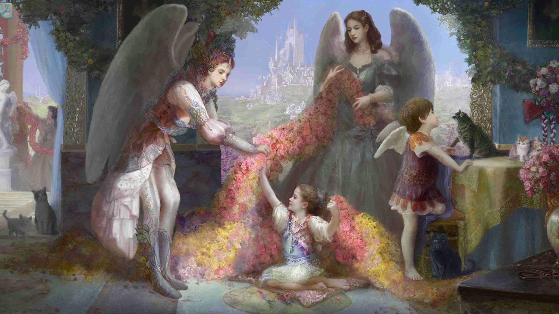 angels painting art religion woman adult group illustration child renaissance