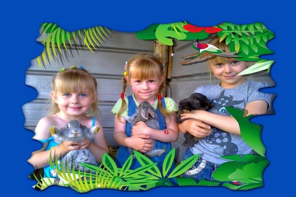 Three little girls with rabbits in their hands