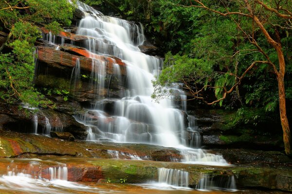 Schattierungen des Herbstes: Ein Wasserfall, der in einen Fluss mündet