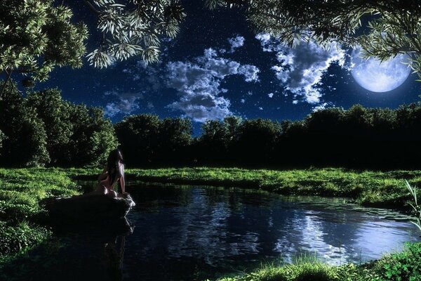 Chica de verano en el lago bajo la luz de la noche de la Luna