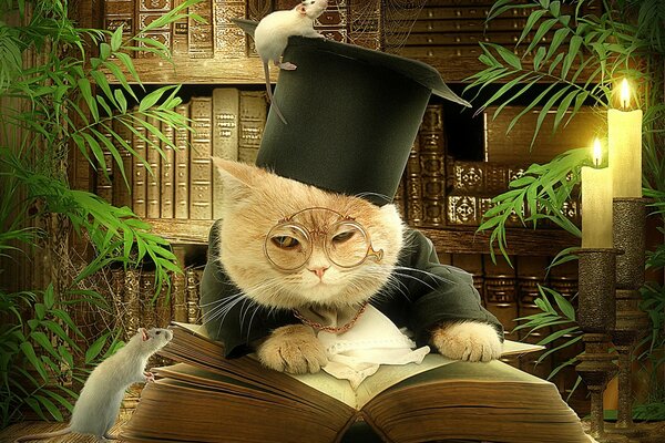 Rudy Kot w okularach i czarnym nakryciu głowy, z szczurem siedzącym na tle półek z książkami, za otwartą książką
