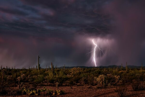 Gloomy sky over the desert with lightning