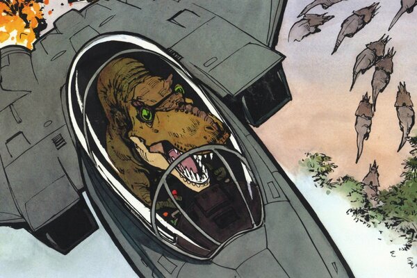 A dinosaur on a plane. Combat sortie