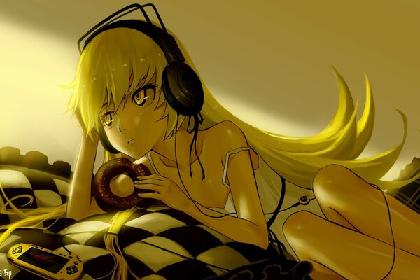 Chica de anime escucha música y come donut