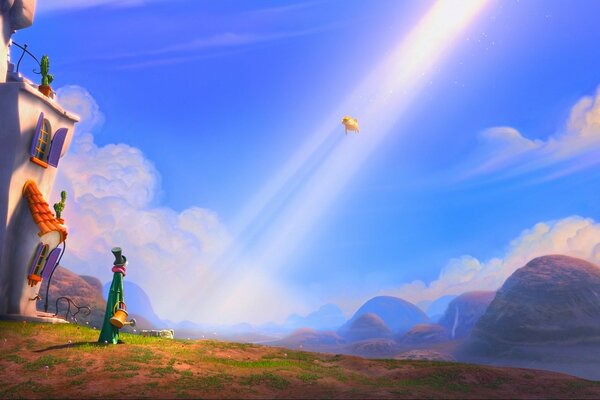 Someone is coming down by the rays of the sun. Cartoon image