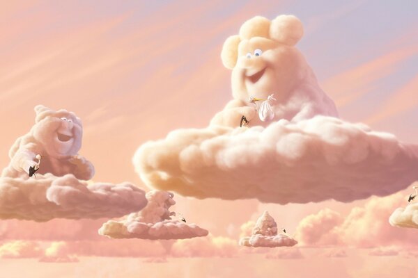 Cartoon clouds in a pink sky