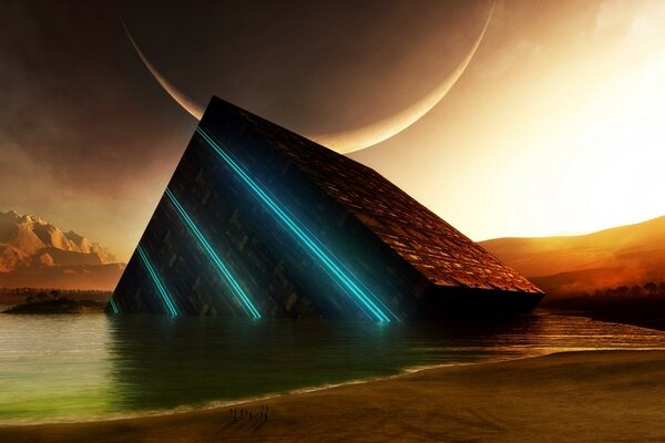 Pyramid in the ocean on the background of the rising moon