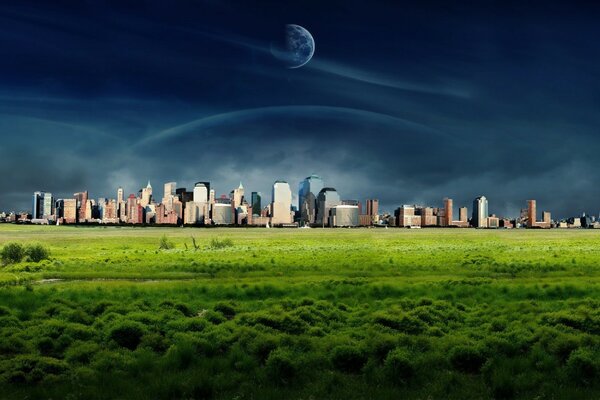 Cool metropolis in a green field