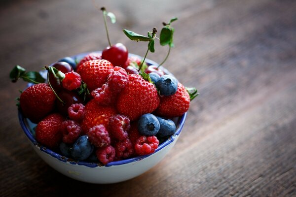 A set of berries in a bowl on the table