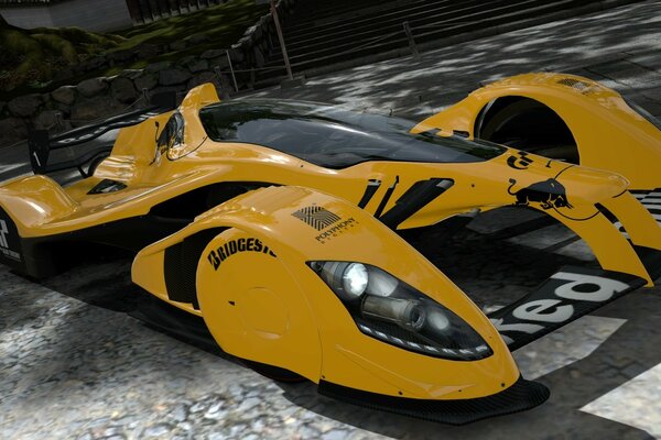 Yellow racing car on the background of the amphitheater in the computer game gran turismo