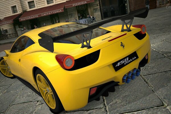 Yellow Ferrari racing car in an ancient city in the gran turismo computer game