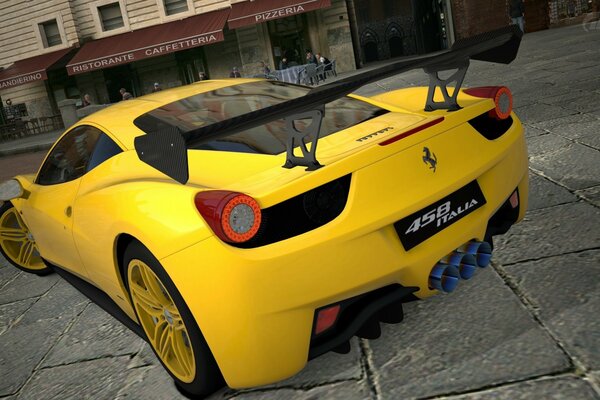 Voiture de course jaune Ferrari dans la vieille ville dans le jeu d ordinateur gran turismo