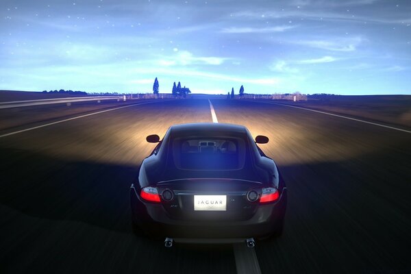 Jaguar rushes through the evening city in the computer game gran turismo