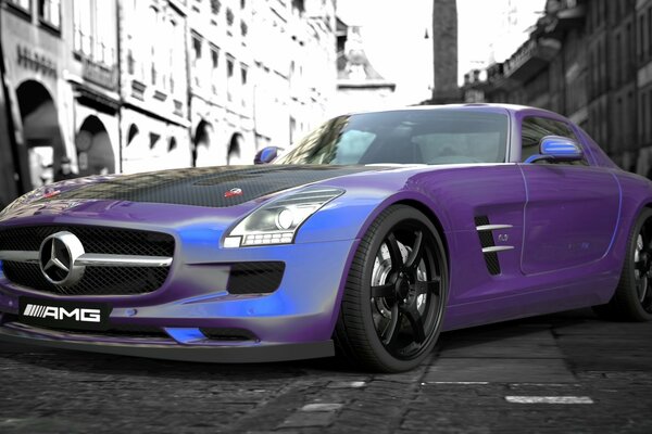 Purple car on the background of a noir city