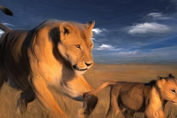 Dibujo de leones salvajes en la naturaleza