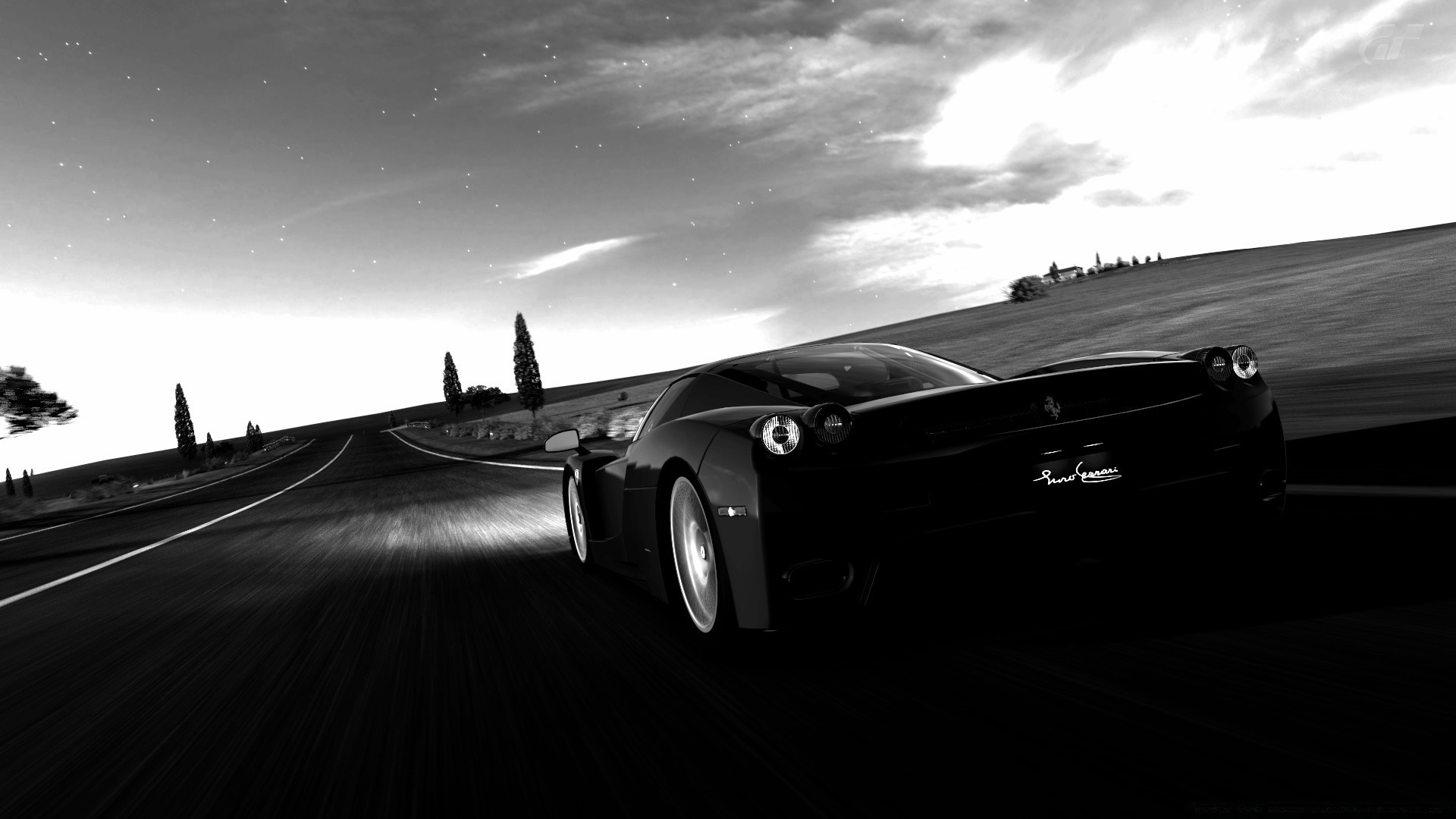 gran turismo vehicle car transportation system monochrome sunset action race