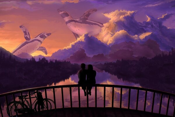 A couple in love on the bridge admiring the sunset