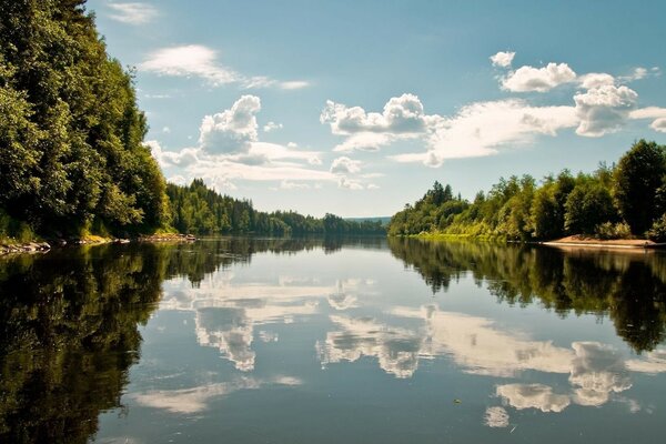 Blick auf einen Teich mit grünen Ufern