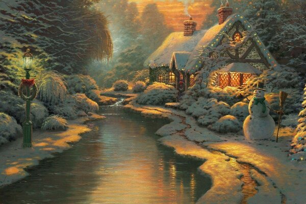 Paysage de Noël avec une rivière, une maison décorée, un arbre de Noël et un bonhomme de neige