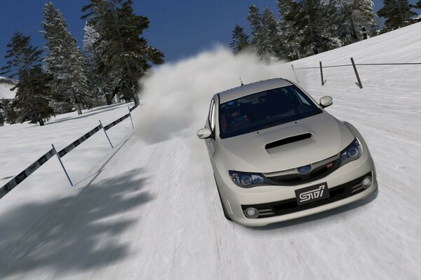 Snow clouds from a car in winter