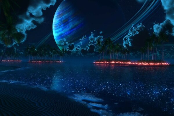 土星在地球上的海洋背景上