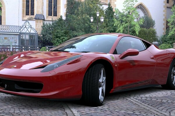 Carro desportivo vermelho estacionado no quintal