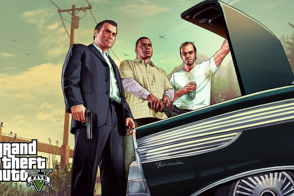 Three gangsters from GTA opened the trunk of a car