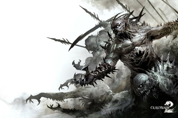 Protetor de tela do jogo guild wars com uma sombra na forma de demônios segurando lanças longas nas mãos