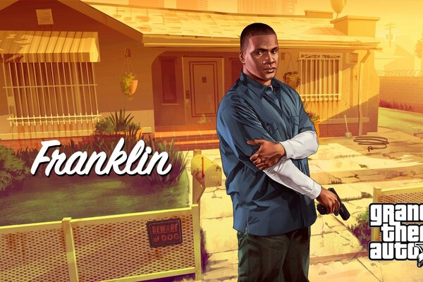 Franklin from GTA is standing near the house, holding a gun in his hand and looking at someone unkindly